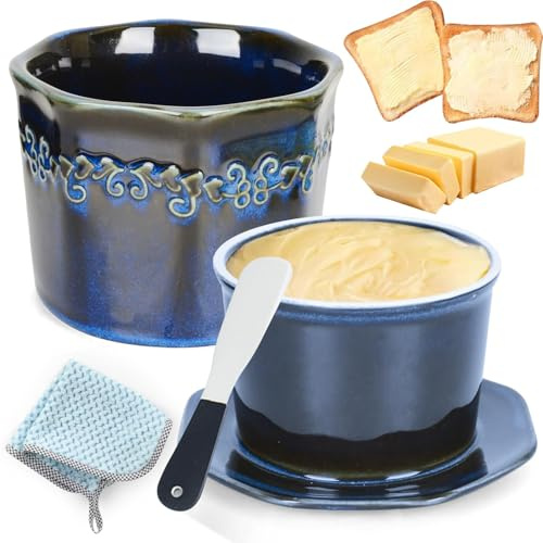 Mantequera de Cerámica Francesa, Mantequera Crock con Tapa Espátula Trapo, Diseño Vintage Contenedor Mantequilla Porcelana para Mantequilla Fresca Untable, Regalo Madre Amigos, Refrigerado por Agua