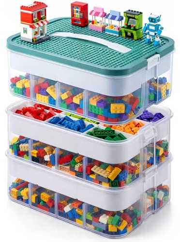 BREEZENEST 3-Tier Organiser with Lids Stackable Storage Box with Adjustable Compartments White Minimalist Design for Building Bricks, 33x33x34cm (Transparent)