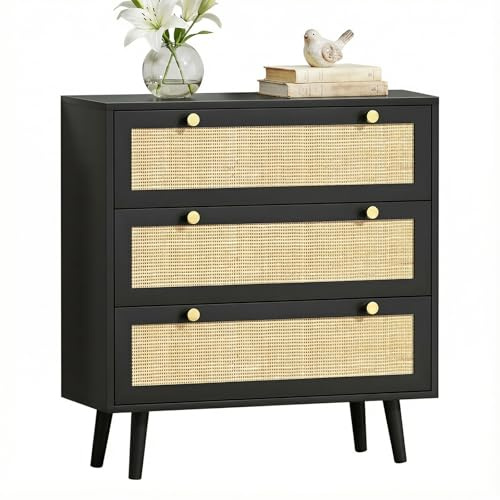 Skokliz 3-Schubladen Kommode mit Rattanfront | Moderner Komodenschrank fürs Schlafzimmer Kommode | Großer Stauraum Schubladenkommode | Naturlook Kommode mit Schubladen, 80x40x91CM