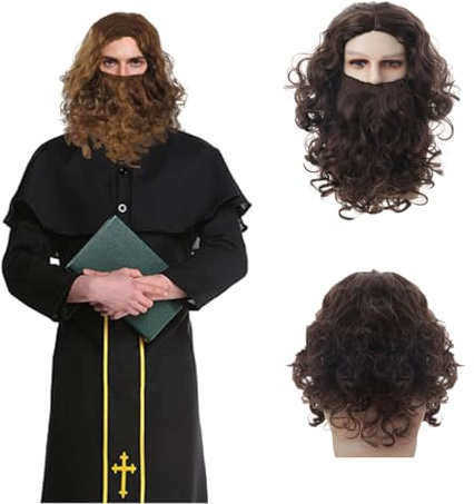 QSZHSL Parrucca e Barba Gesù Marrone, Lunga Ondulati Ricci | Cosplay Wizard Mago, Stregone parrucca Vichingo Uomo Con Lunga barba Costumi, per Halloween Carnevale