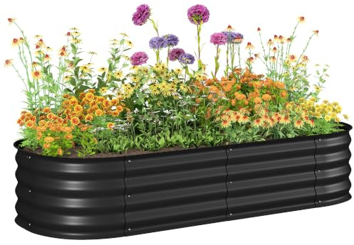 Outsunny Verzinkte Hochbeete für den Garten, Metall-Hochbeetkasten mit Sicherheitsumrandung, einfaches DIY für den Anbau von Blumen, Kräutern, Sukkulenten, 150 x 62 x 30cm, Schwarz
