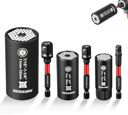 GEINXURN 6Pieces Universal Socket Set (5-14 mm, 7-19 mm, 11-32 mm), CR-V Socket Wrench with Impact Socket Adapter(1/4, 3/8, 1/2), Universal Socket for Screws, Nuts, and Bolts | 3 Universal Socket Wrenches (5-14mm,7-19mm,11-32mm), 3 Hexagonal Adapters (1/4 3/81/2) for screws, nuts and bolts