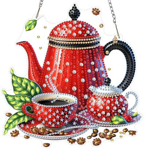 MEIYUDA Diamond Painting Erwachsene Anhänger Kaffee, 5D DIY Fensterbilder Diamond Painting Set Sonnenfänger, Lichtfanger Bastelset Erwachsene Kinder Malerei für Home Wand Décor