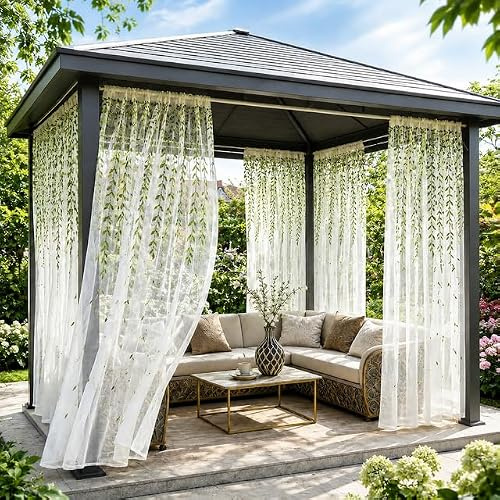 Lot de 2 Rideaux Extérieurs Brodés en Mousseline, Voilage Anti-Moustiques Haute Densité, Finition Manchon, Design Feuillage Élégant pour Patio, Pergola, Gazebo, Terrasse(140LX175H cm)
