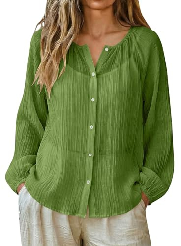 Générique Chemisier Femme Été Léger en Coton et Lin, Blouse Unie Semi-Transparente à Manches Ballon, Haut Boutonné Vintage Décontracté Plage Vacances, Mode Bohème