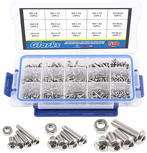 Glarks 510PCS m3 M4 M5 304 in acciaio INOX a brugola esagonale guida testa pulsante bulloni viti assortimento kit