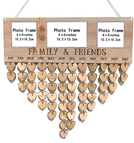Vosarea Wohnkultur Family Friends Holz Geburtstagskalender mit Herz Holzscheiben Holzherzen Birthday Board Fotorahmen Hängedeko Wanddeko für Geburtstag Kalender Countdown DIY Wandkalender