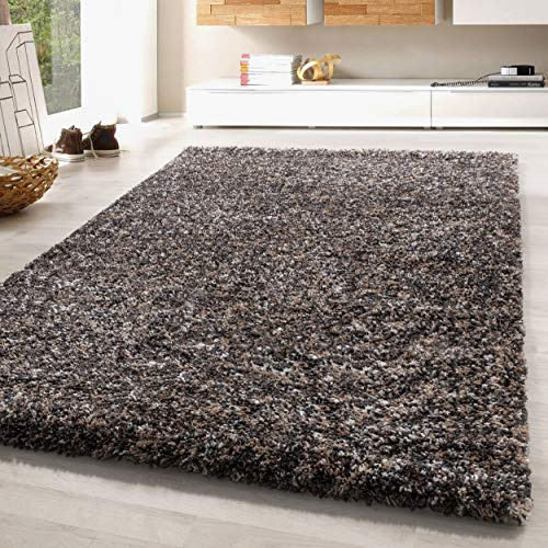 SIMPEX Hochflor Teppich 140x200 cm Taupe Shaggy Teppich, Flauschig, Meliert & Pflegeleicht, Jute-Rücken Wohn- & Schlafzimmer geeignet