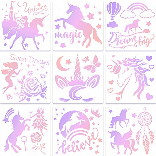9 Stück Einhorn Schablonen Weihnachten Winter Malvorlagen Handwerk für Kunst Kartenherstellung Tagebuch Scrapbooking DIY Möbel Wand Bodenmalerei auf Holzstoff (8 x 8 Zoll)