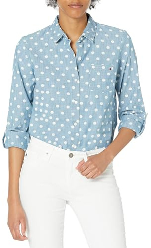Tommy Hilfiger Women's Classic Long Sleeve Roll Tab Button Down Shirt (Standard and Plus Size) Dot, Azul (Chambray Blue), M para Mujer