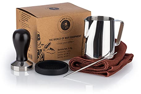Buddy´s Bar - Barista Edition, Premium set da 5 pezzi, bricco per il latte 0,35 litri, contenitore per caffè, pressino Ø 51 cm, acciaio inox, tappetino, ago per caffè L: 13,5 cm, asciugamano