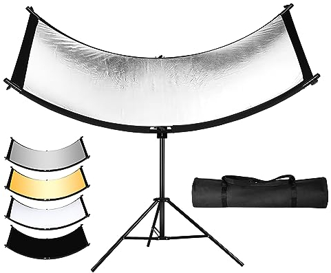 SUPON Réflecteur à Lumière Incurvée 4 en 1, Reflecteur Lumiere Photo avec Sac de Transport, Réflecteur Courbé 180 x 60cm pour Studio et Vidéo Photographie, Noir/Blanc/Doré/Argenté(Trépied Non Inclus)