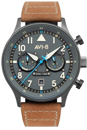 AVI-8 Hawker Hurricane Mens Watch - 43.5mm Stainless Steel Case, Japanese Quartz Movement, Genuine Leather Strap, Watches for Men, Carey Dual Time, Orissa - AV-4088-04