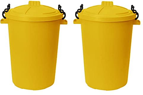M1SS (Set of 2) 50 Litre Heavy Duty Plastic Clip Lock Lid Bin Indoor or Outdoor Rubbish, Dustbin, Trash, Waste or Storage of Animal Feed. (Yellow)