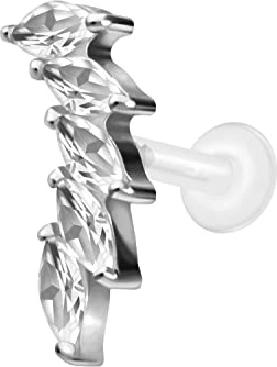 PIERCINGLINE PTFE Labret mit Gewinde Titan Aufsatz 5 KRISTALLTROPFEN Piercing Lippe Nase Ohr Helix Tragus Medusa Silberfarben 1,2 x 5 mm