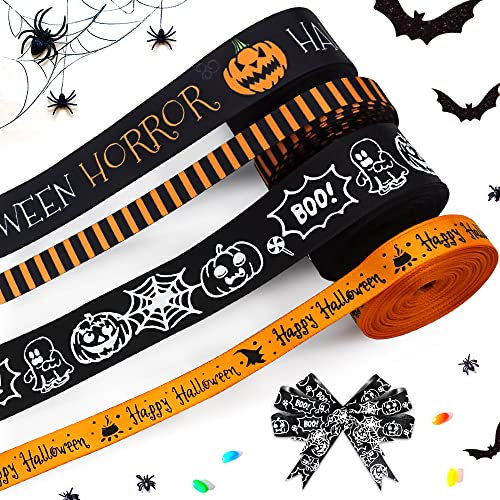 Hying 4 Stück Halloween-Kürbisbänder zum Verpacken von Geschenken, 0,95 cm breit, Halloween-Satinbänder, orange-schwarz, Bastelband, Geister-Spinnennetz-Bänder zum Basteln von Halloween-Dekorationen