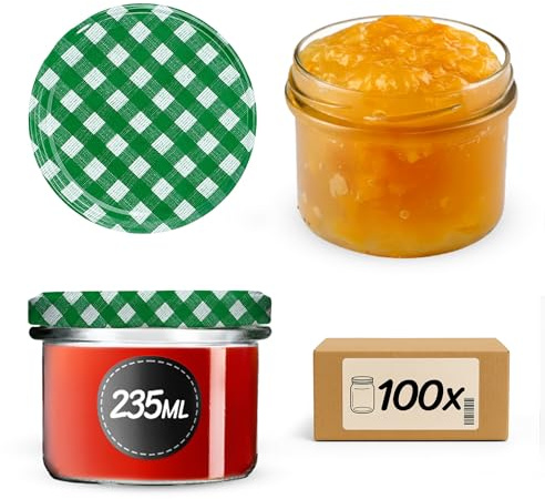 KADAX 100er Set Marmeladengläser 235ml TO82 Grün kariert, Einmachgläser Vorratsgläser Mason Jar mit Schraubdeckel, Luftdichte Schraubgläser, Honig & Konfitüre