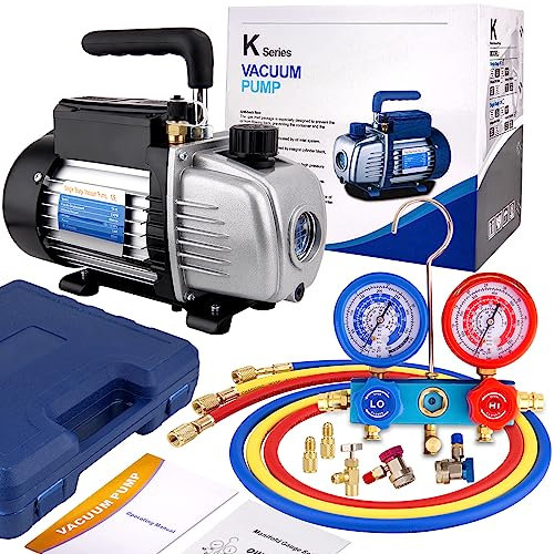 LOYPP Vacuum Pump HVAC AC Vacuum Pump and Gauge Set Single Stage Rotary Vane Air Vacuum Pump and R134a AC Manifold Gauge Set Kit for HVAC Air Conditioning Vacuum Pump 3CFM 1/4 HP HVAC Vacuum Pump