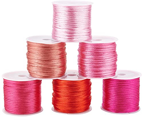PandaHall 60 Yards Rosa Nylon Rattail Satin Kordel, 2mm Seidige Kordel Satinschnur Faden für Makramee Kumihimo Freundschaftsarmband Halskette Chinesischer Knoten Traumfänger Weihnachten, 6 Farben