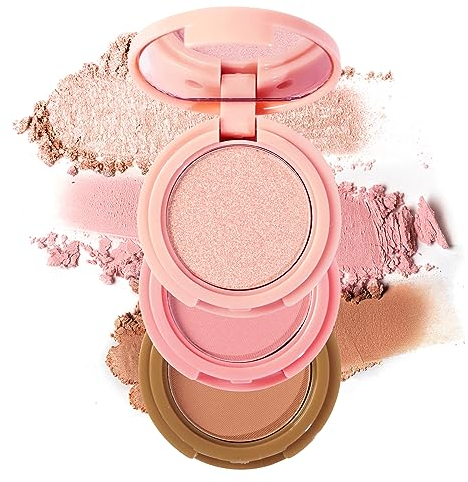 Erinde Highlighter, Bronzer & Blush Powder Palette, Matte Shimmer Powder Makeup, Face Palette with Mirror All in One, Blendable, Travel Friendly, Cruelty Free, 3 Colours