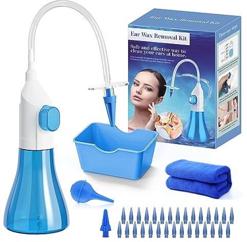 Ear Wax Removal Kit, XaYis Ear Cleaner, Electric Ear Wax Remover with Soft Quad-Stream Tips, Ear Cleaning Irrigation, Ear Syringe Tools with 5 Pressure Settings, 4 Modes, 10 Tips & Basin,Azureblue