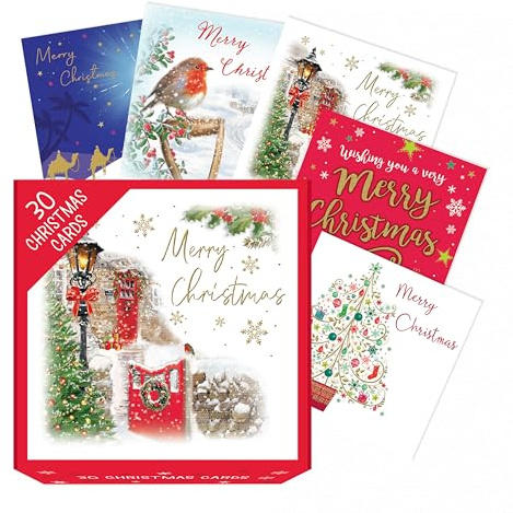 Piccadilly Greetings Verschiedene Weihnachtskarten, Multipack, 12 x 12 cm, Packung mit 30 Weihnachtskarten, 5 einzigartige bunte Designs mit weißen Umschlägen, geeignet für alle Altersgruppen und