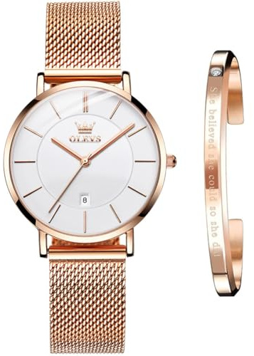 OLEVS Damklocka Lyx Rose Gold Kvinnor Slim Tunn Lättviktsklocka Rostfritt stål Mesh Klockor Mode Vattentät Dam Armbandsur,Justerbart Armband