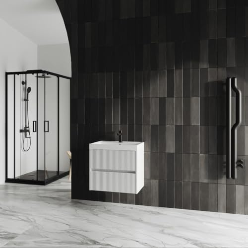 Kiamami Valentina - Mobile bagno con lavabo in resina 60cm bianco opaco cannettato Cortina
