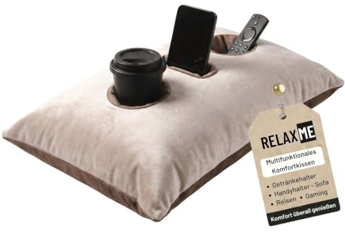 Nurtextil24 Relax ME Kissen Getränkehalter Sofakissen 40x60 cm BeigeBraun | Multifunktional Allzweckkissen -Tablett & Getränkebehälter- Tolles Geschenk Idee - Sofakissen, Kopfkissen, Reisekissen
