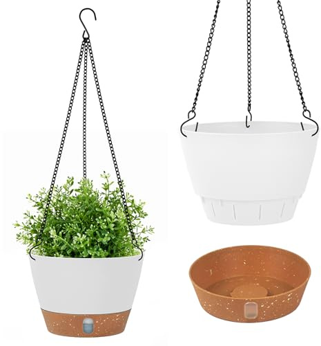 Evoio 2 Pack Hanging Plant Pot, 20CM Self Watering Flower Pots Hanging Baskets for Plants Flowers with Visible Water Level Tray Drainage Holes Removable Tray for Indoor Outdoor Plants(White)