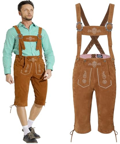 Adisno Lederhose Herren, Lederhose Herren Tracht, Männer Deutsch Bayerische Lederhosen mit Hosenträger Lange braune Set für Dress Up Party und Bierfest