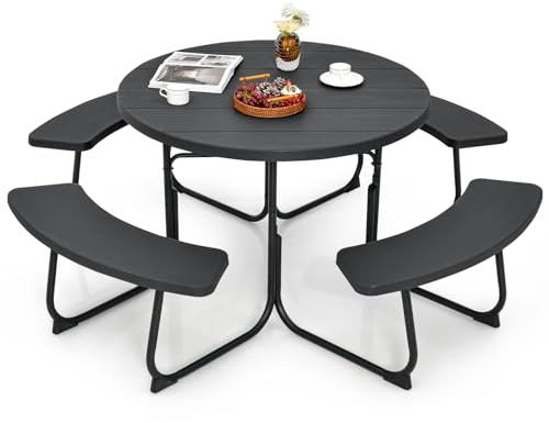COSTWAY Set Tavolo e Panche da Picnic a 8 Posti, Tavolo da Picnic Rotondo con Foro per Ombrellone, Set Mobile da Campeggio con Gambe in Metallo, per Giardino, Cortile, Campeggio (Nero)