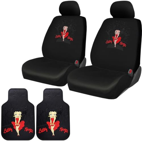 Yupbizauto Platicolors Betty Boop Skyline Design Autozubehör-Set, Neue Sitzbezüge, Vordere Gummimatten, Lenkradbezug, Lufterfrischer, stilvoller Schutz für Autos, SUVs, LKWs & Vans Idee