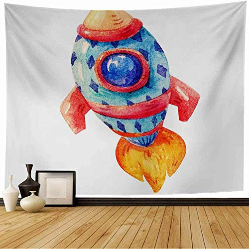56 Wandteppich Blaues Schiff Aquarell Bunte Rakete Kindlich Stil Abstrakte Astronomie Kosmos Tag Zeichnung Wandtuch Weiches Tapestry Waschbar Wand Dekoration Für Wohnzimmer Wohnheim 130x152cm
