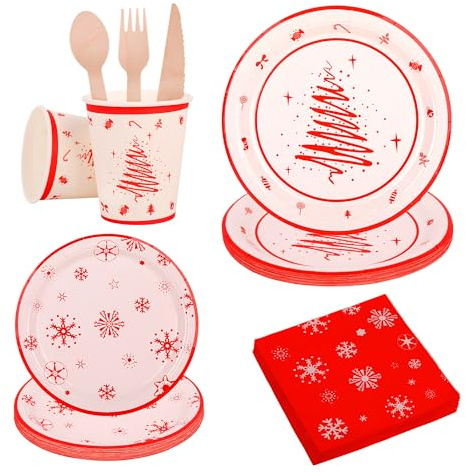 Weihnachtsgeschirr-Set, 112-teilig, rot-weiß, Einweg-Geschirr-Set für 16 Gäste, Schneeflocken, Weihnachtsbaum, Weihnachtsschmuck, bedruckte Pappbecher, Teller, Servietten und Holzbesteck für