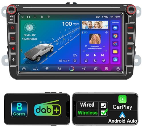 Android Autoradio mit Navi Bildschirm für VW Golf 5 6 Seat Passat Sharan Tiguan, Wireless Android Auto 8 Core 4G+64G Golf Radio Carplay, 8 Zoll VW Polo T5 Caddy Radio Bluetooth RDS FM GPS DAB+ WiFi