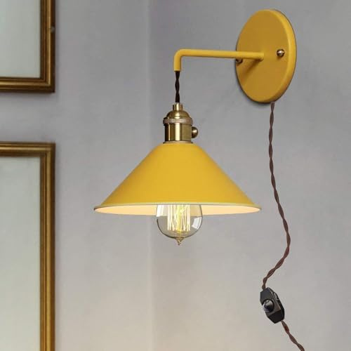 Wandlampe mit Stecker E27 Vintage Wandleuchte mit Drehbare Schalter Industrial Design Retro Wandlicht Lampen mit 2m Kable Metall Lampenschirm Innen Loft Wandlampen für Schlafzimmer (Orange,1 Stück)