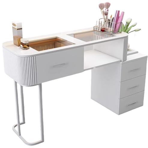 TT-YEC Mesa De Manicura Con Estructura De Metal Blanco, Mesa De Manicura De Doble Capa Con Cajones Y Tapa De Cristal Transparente, Estación De Trabajo De Salón De Belleza,Bl100cm