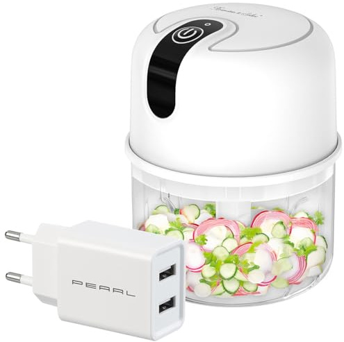 Rosenstein & Söhne Küchenmaschine: Kompakter Akku-Zerkleinerer & Mini-Mixer, 200 ml, inkl. Netzteil (Knoblauch Zerkleinerer elektrisch, Kräuter, Salat)