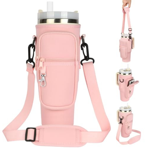 AYESY Bolsa para Stanley Cup, 1,2 l/40oz Bolsa Porta Botella de Agua para Stanley Tumbler, Funda Termica Botella Agua con Correa de Hombro Ajustable y Mosquetón para Viajes, Camping, Ciclismo-Rosa