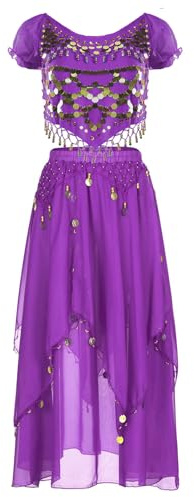 Baisdan Bauchtanz-Kostüm-Set für Damen, Pailletten-Münze, bauchfreies Top mit Bauchtanz-Chiffon-Rock, Karnevals-Performance-Outfits, lila