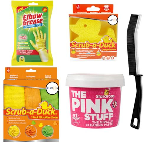 The Pink Stuff Cleaning Paste 850g Bundled with Alimos Crevice Brush, 3- Pack Microfibre Cloth, Rubber Gloves and Non-Scratch Cleaning Sponge
