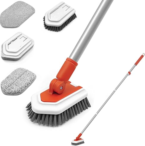 Dolanx Bathroom Tub Tile Shower Scrubber Brush with 51 inches Long Handle, 4 In 1 Upgraded Telescopic Cleaning Brush, 4 Different Attachments Head for Bathtub, Floor, Sink, Wall (Red)