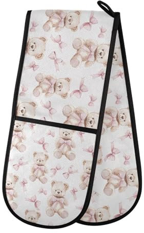 Ofenhandschuhe, doppelte Ofenhandschuhe, Bär, Schleife, weiß, hitzebeständig, gesteppt, für Grillen, Backen, Küche, Kochen, Handschuhe