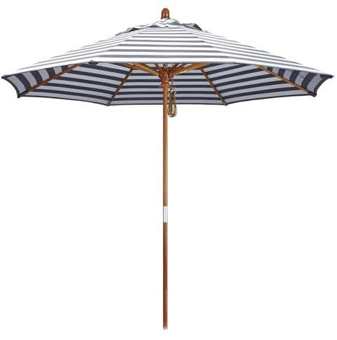 Sonnenschirm Strandschirm Gestreifter Schwarz, Tragbarer Holz Gartenschirm mit UV Schutz 50+ und Seilzug, Wasserfest, Polyester 235 g/m²