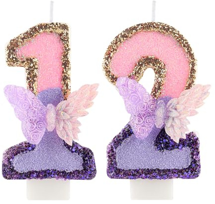 3D Schmetterling Geburtstag Purpur Nummer 12 Kerzen, Purpur Gold Schmetterling Kerzen für Cupcake Topper, Mädchen 122 Geburtstg Kerze Kuchen Topper Dekorationen