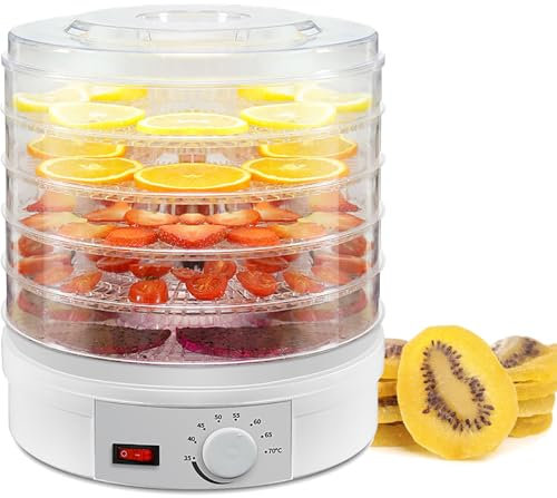 Déshydrateur Alimentaire À 5 Trais, 250W Déshydrateur Électrique, Ajustement de la Température de 35 À 70 ° C, 5 Plateaux Amovibles, Cycle de Chauffage À 360 °, Qualité Alimentaire comme Matériel