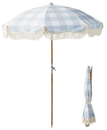 200cm Ombrellone da Spiaggia con Frangia con Palo in Legno, Inclinazione Regolabile, Parasole da Giardino Boho per Patio, Piscina e Terrazzo