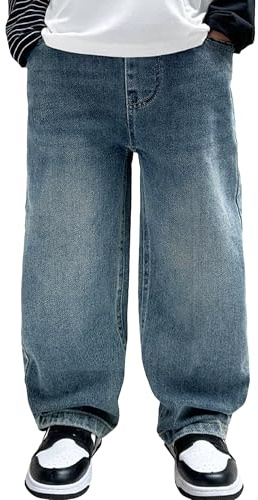 Happy Cherry Jeans Larghi Ragazzi in Denim Pantaloni Baggy a Vita Elasticizzata Casual Moda Hip Hop Azzurro Pants con Tasche per Bambini 10-11 Anni