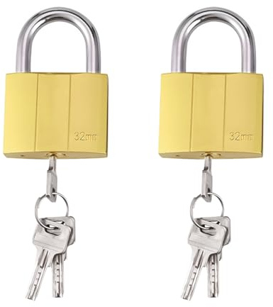 2 Pack 32mm Padlocks, Small Padlocks with Keys Mini Locks for Gym Lockers Travel Bags Cabinets Luggage, Solid Brass Security Lock with Hardened Shackle Smooth Surface for Indoor/Outdoor Use